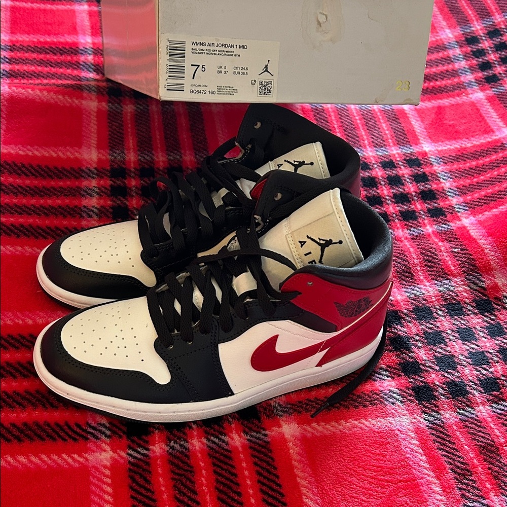 Jordan Mid Sneakers in Black, Red, and White